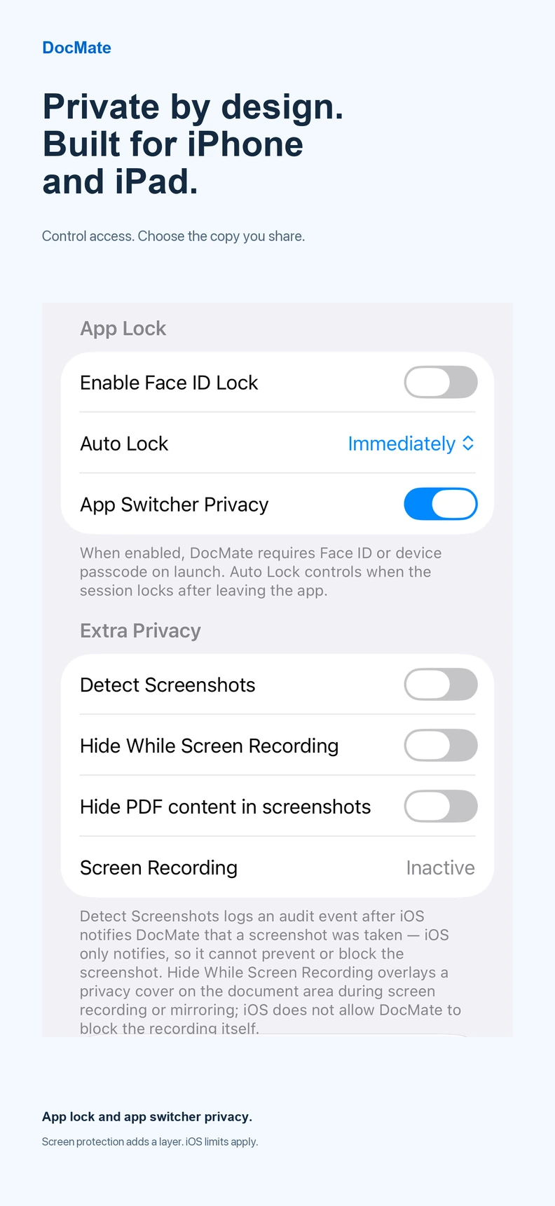 Actual DocMate 1.1 privacy settings screen. Detect Screenshots, Hide While Screen Recording, and Hide PDF Content in Screenshots are all turned off in this example. Screen Recording shows Inactive.